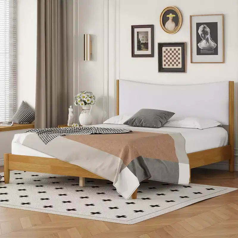 GDFStudio Tracy Modern Queen Size Rubber Wooden Bed with Teddy Velvet Cushion Upholstered Headboard