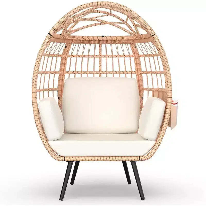 Egg Chair Oversized Lounger with UV-Resistant Cushions, All-Weather Wicker for Indoor/Outdoor, 370lbs Capacity, White