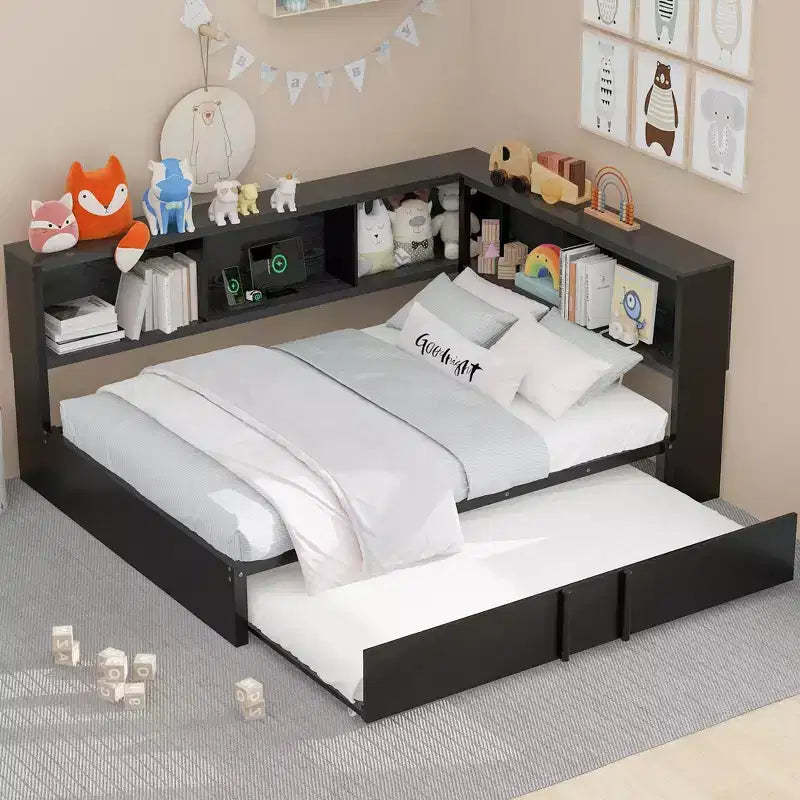 Whisen Metal Full Size Daybed with Trundle, Storage Cabinets and USB Ports