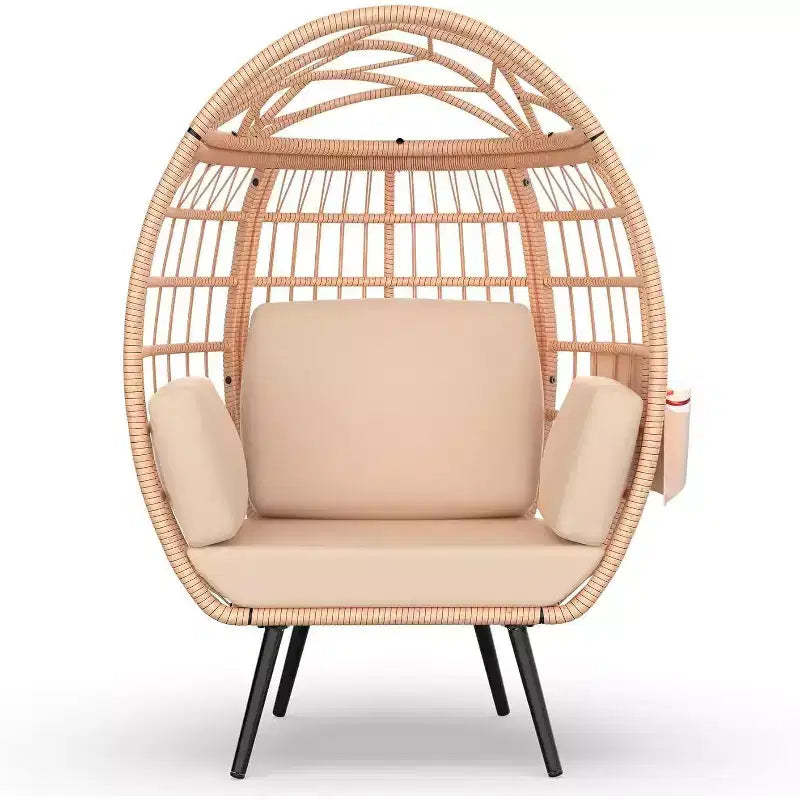 Egg Chair Oversized Lounger with UV-Resistant Cushions, All-Weather Wicker for Indoor/Outdoor, 370lbs Capacity, Beige