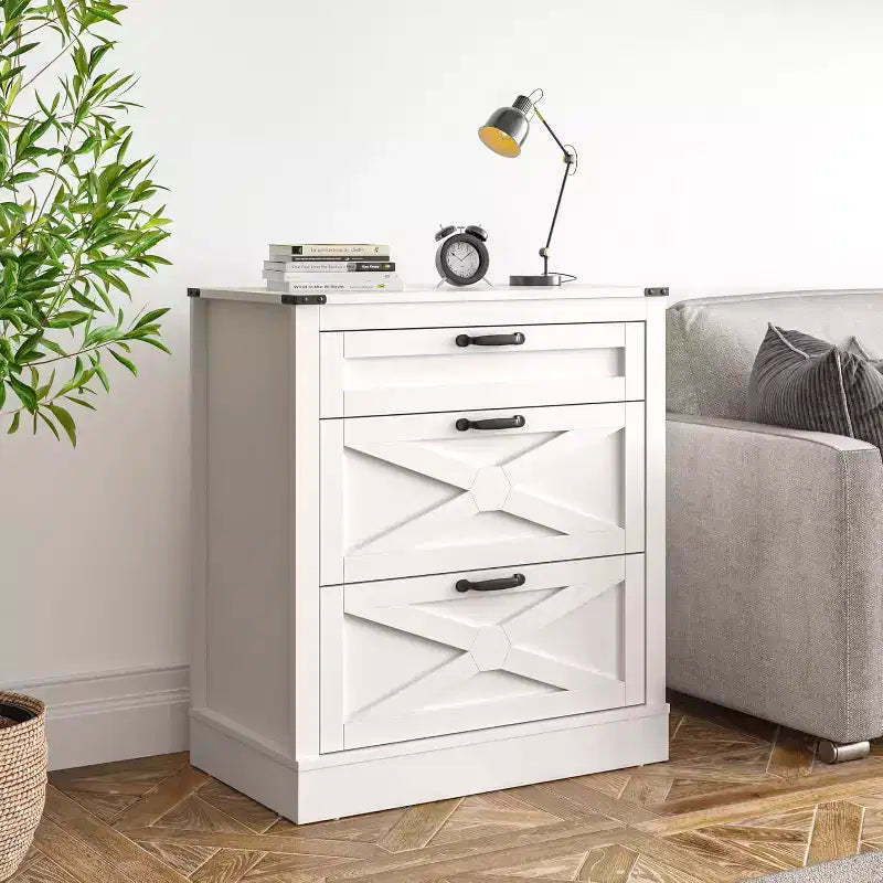 Heynemo Wide Nightstand for Bedroom, Wood X-Shaped Nightstand with 3 Drawer, Farmhouse End Table with Drawers, Beside Table for Home, White
