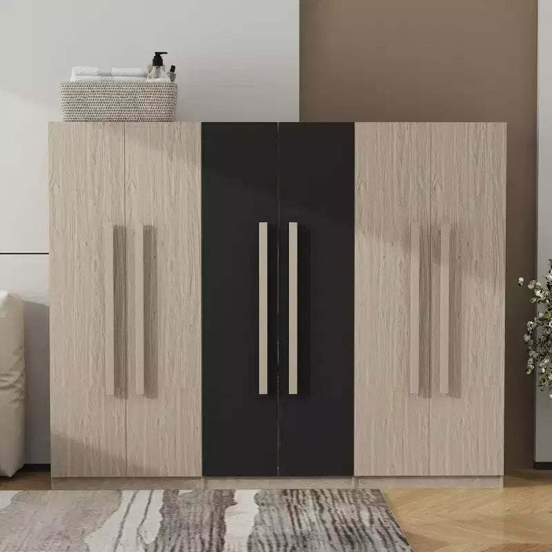 83W 6 Door Wardrobe Clothing Armoire Closet Storage Cabinet with 2 Drawers, Hanging Rails and Storage Shelves, Black+Natural-ModernLuxe