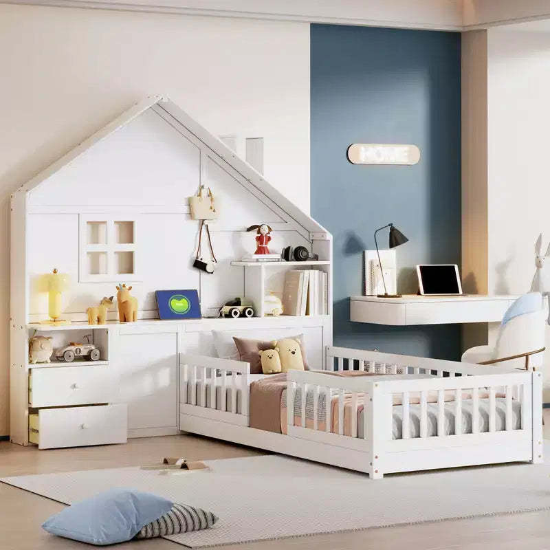 Twin/Full Size House Bed with Window Platform Bed Frame with Bedside Drawers, Shelves, a set of Sockets and USB Port, White-ModernLuxe