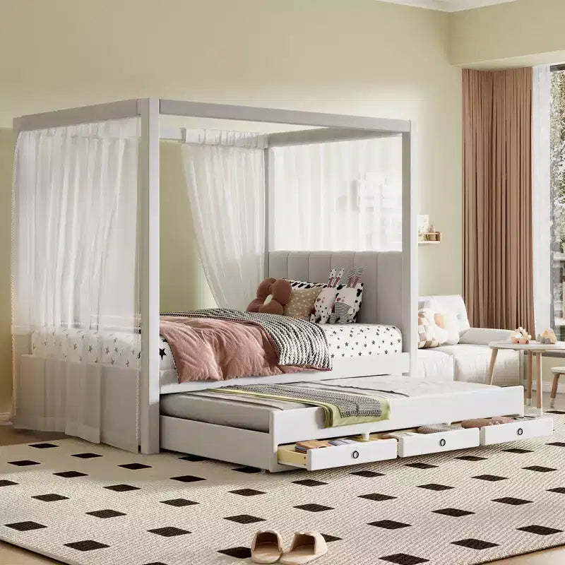 Whisen Full Size Linen Upholstery Canopy Platform Bed with Trundle and Three Storage Drawers