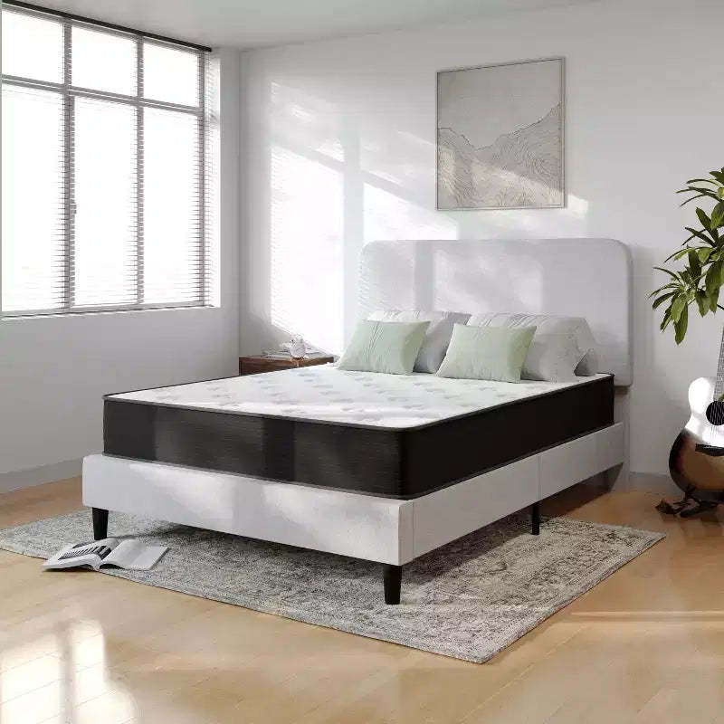 Emma and Oliver 10 Inch Hybrid Mattress, High Density Cooling Foam and Pocket Spring Mattress in a Box, CertiPur-US Certified Foam, White/Black