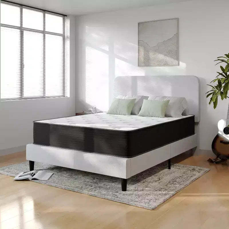 Emma and Oliver 12 Inch Hybrid Mattress, High Density Cooling Foam and Pocket Spring Mattress in a Box, CertiPur-US Certified Foam, White/Black