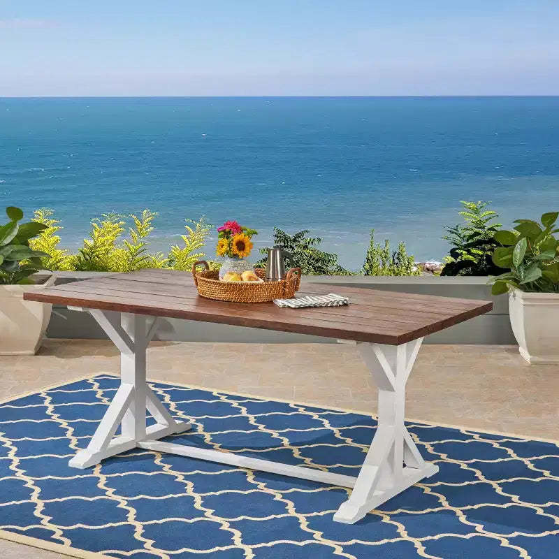 Christopher Knight Home Outdoor Acacia Wood Dining Table with Trestle Base, Dark Brown/White