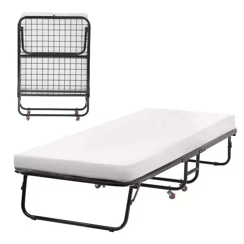 FDW Folding Bed Portable Guest Bed with Comfortable Mattress Sturdy & Built-in Wheels, White