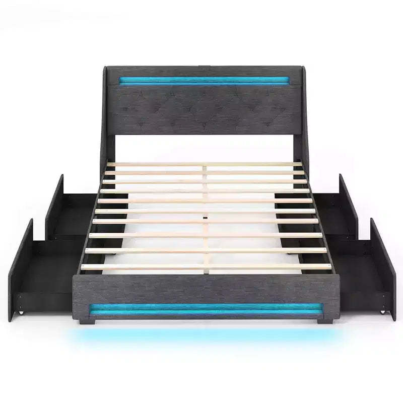 Costway Full/Queen Size Bed Frame with LED Lights & Charging Station Upholstered Platform Bed