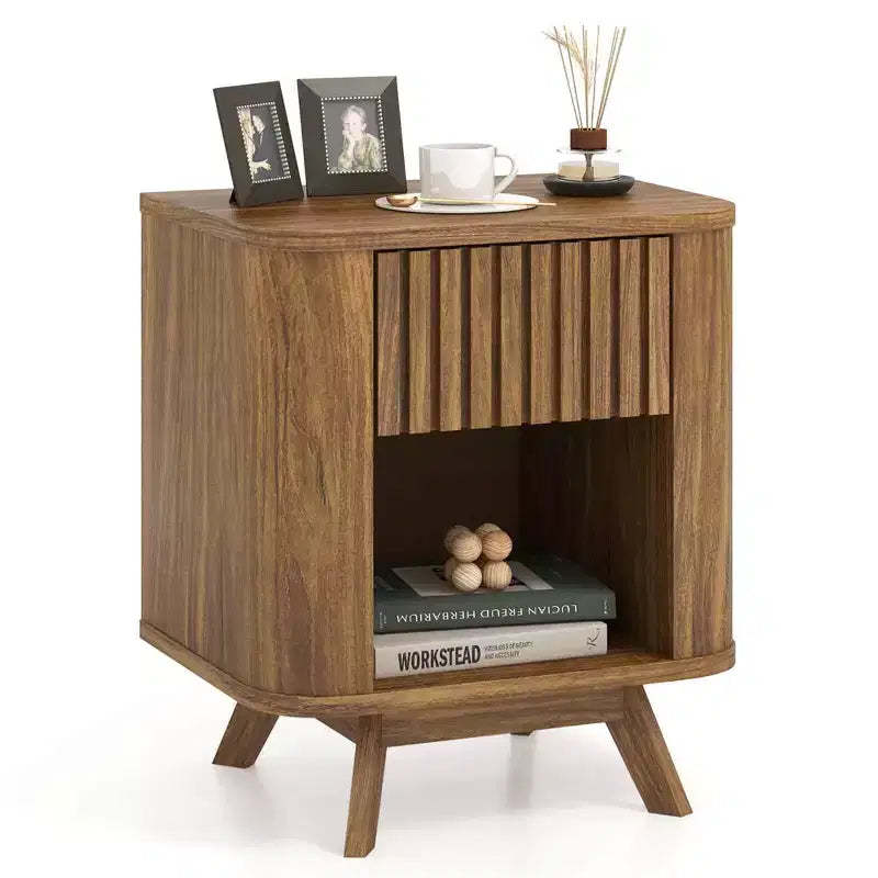 Costway 1/2 PCS Wood Nightstand with Drawer & Open Shelf Storage Home Bedside Table for Bedroom