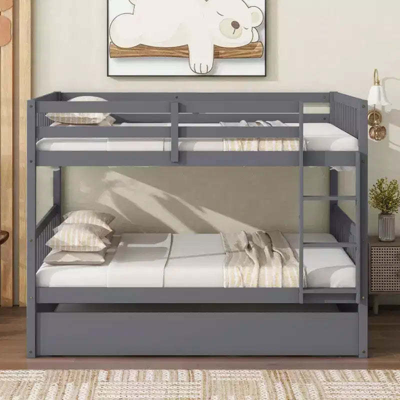 Whisen Full Over Full Rubber Wood Bunk Bed with Trundle, Ladder and Guardrails, Convertible to 2 Full Size Beds