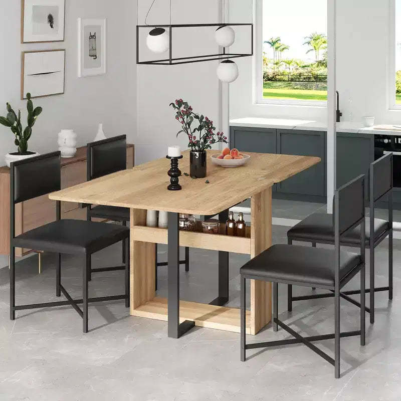 Whisen Modern 5-Piece Extendable Dining Table Set, Foldable Square Table with Leather Upholstered Chairs