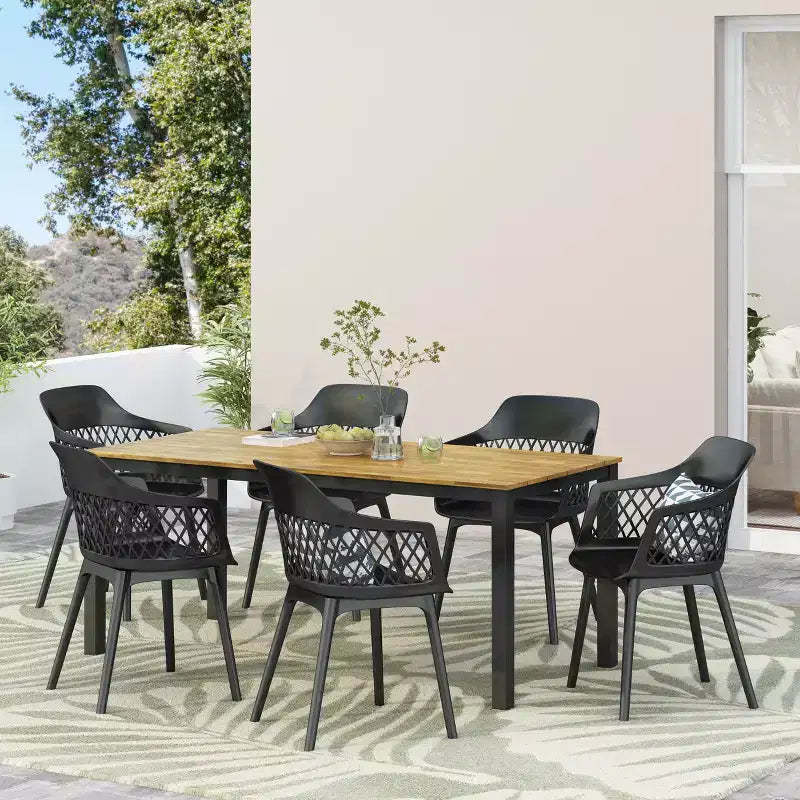 GDFStudio Miramar Outdoor 7 Piece Polypropylene Resin and Acacia Wood Dining Set with 70 Table, Black and Teak