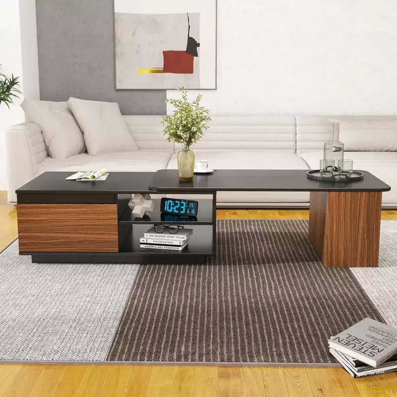 Extendable Coffee Table Cocktail Table Adjustable Wood Center Table Side Table with 2 Storage Drawers, Black+Walnut Brown-ModernLuxe