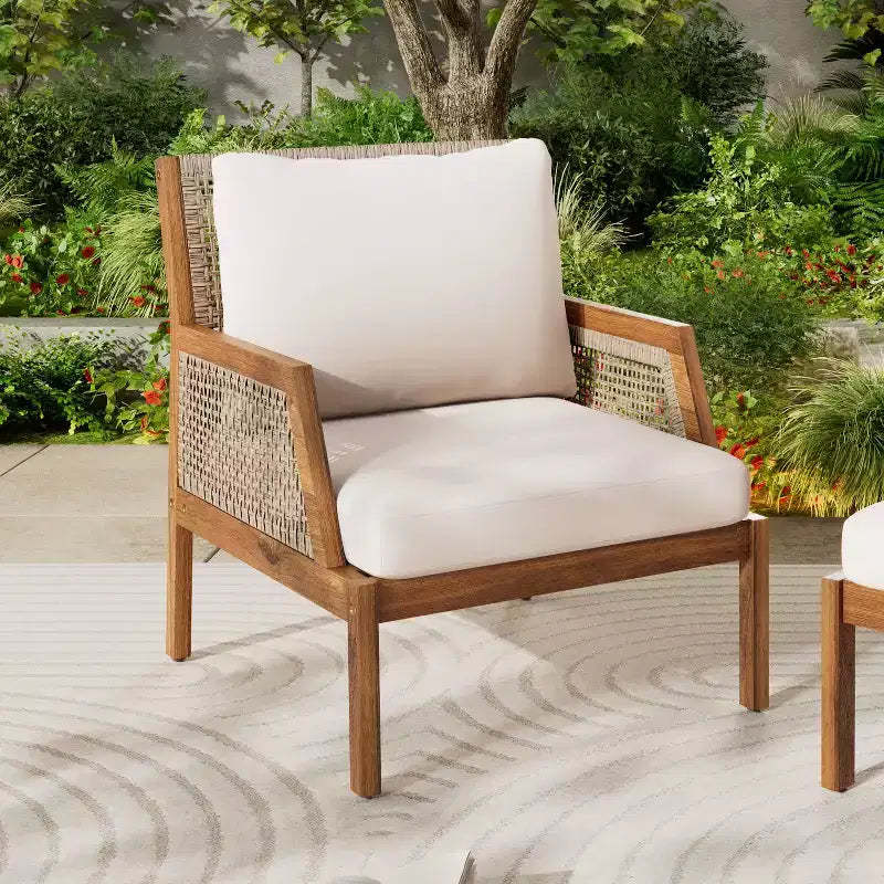 Acacia Wood Outdoor Wicker Club Chair, Woven Accent Chair Armchair with Cushions, Patio Lounge Chair for Porch, Garden & Balcony, Brown - ModernLuxe