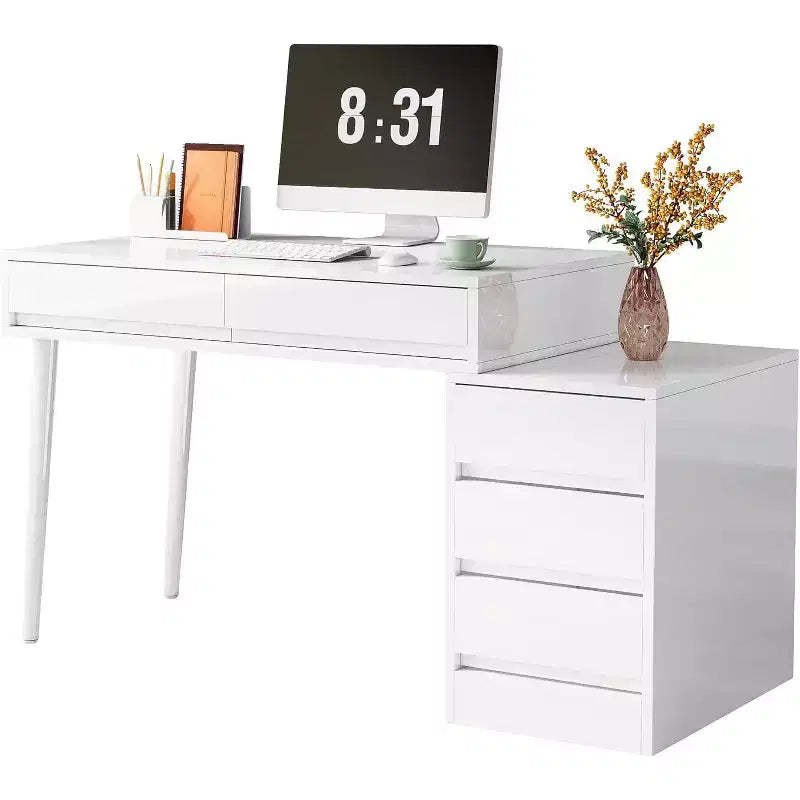 Lantine White Desk with 5 Drawers, Modern Home Office Desk with Storage Drawers and Printer Stand