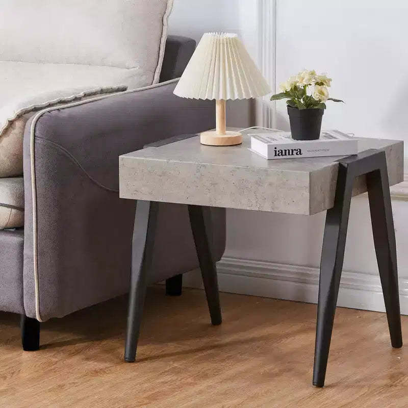 Kings Brand Furniture Camden Marble-Style Wood Side End Table, Nightstand, Sofa Table with Metal Legs for Living Room, Black/Gray
