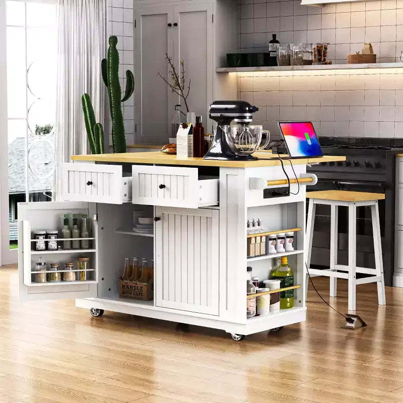 MAYEERTY Kitchen Island with Drop Leaf Power Outlet 5 Wheels 5 Open Side Racks for Kitchen White