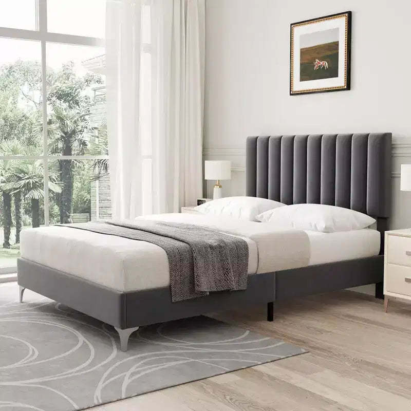 Garvee Velvet Full/Queen Bed Frame, Adjustable headboard, Wooden slats, No Box Spring. Easy Assembly, Gray