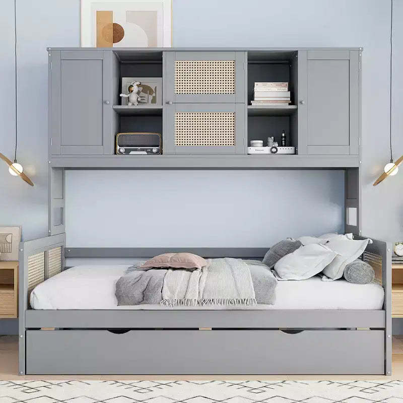 Twin/Full Size Wooden Daybed with Trundle, Built-in Storage Cabinet & Shelves, Multifunctional Bed Frame for Kids & Guests, White/Gray - ModernLuxe