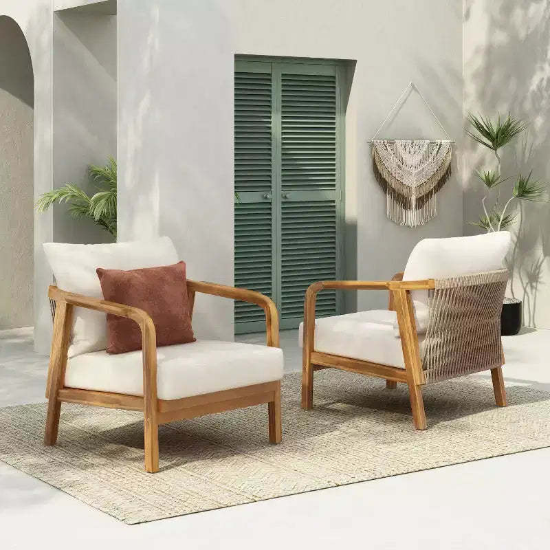 Christopher Knight Home Ivana Patio Woven Rope Acacia Wood Club Chair with Deep Cushions (Set of 2)