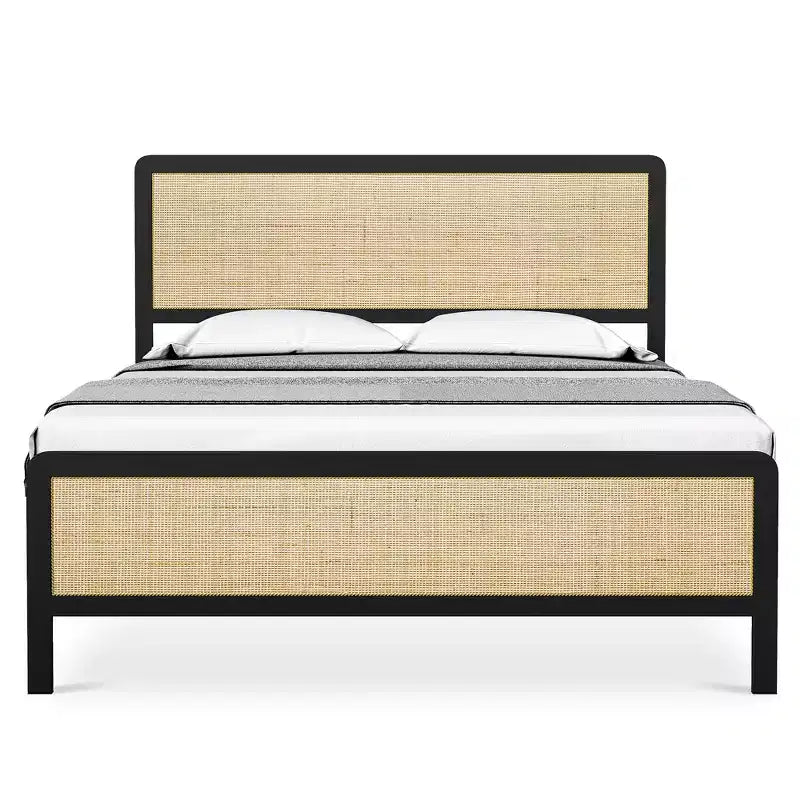 Bed Frame With Rattan Headboard/Footboard, Platform Bed Frame, Mid Century Modern Bed Frame/No Box Spring Needed/Easy Assembly/Noise-Free