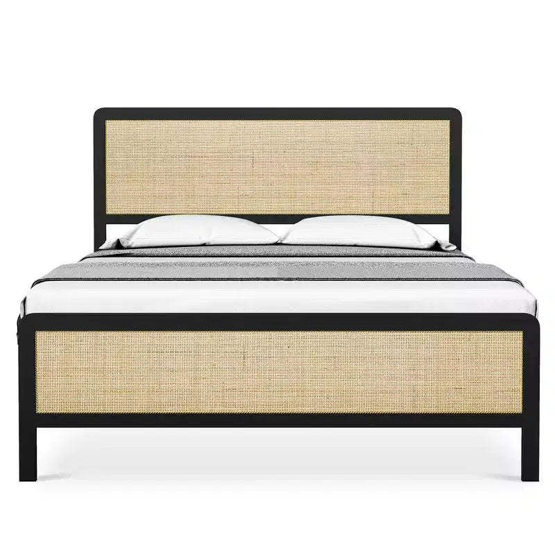 Bed Frame With Rattan Headboard/Footboard, Platform Bed Frame, Mid Century Modern Bed Frame/No Box Spring Needed/Easy Assembly/Noise-Free