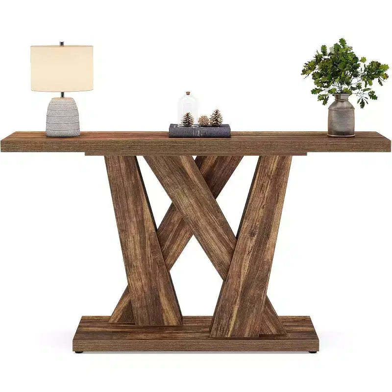 Tribesigns 55-inch Console Table, Narrow Sofa Entryway Table with Geometric Base, Wood Sofa Behind Couch, Rustic Brown