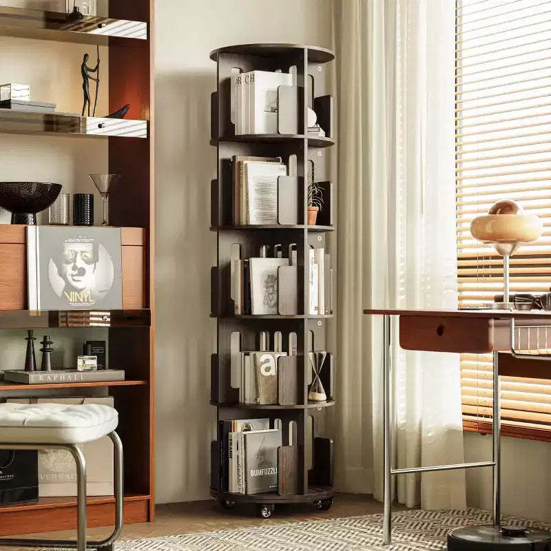 ATJafurn 17.7'' 360 Rotating Bookshelf Tower Revolving Corner Bookcase, Mid-Century Modern Dark Walnut Spinning Bookshelves For Home Office Corner