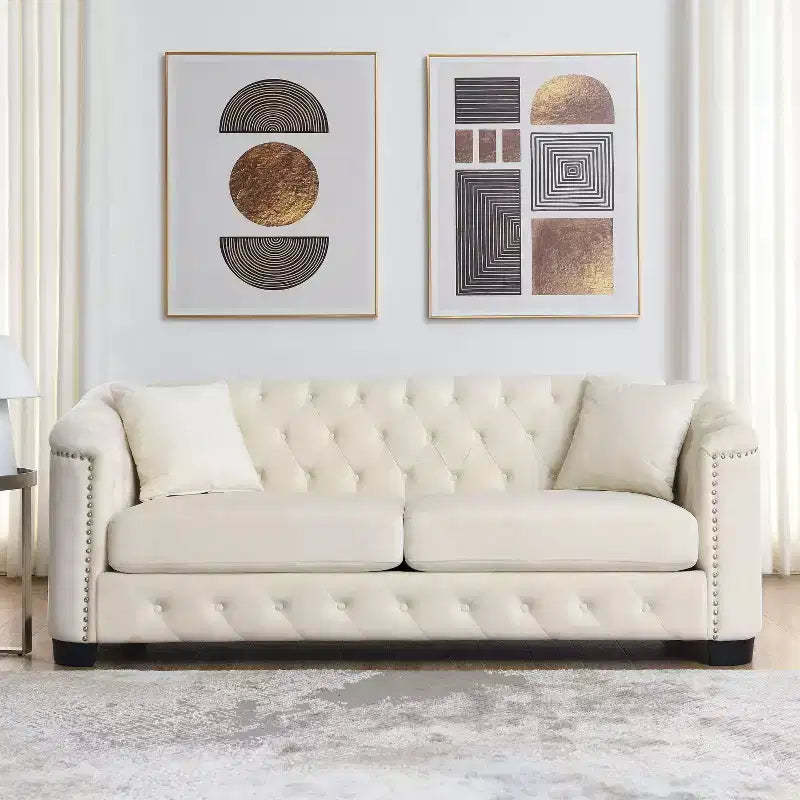 77-Inch Modern Chesterfield Velvet Sofa, 3-Seater Sofa, Upholstered Tufted Backrests with Nailhead Arms and 2 Cushions for Living Room