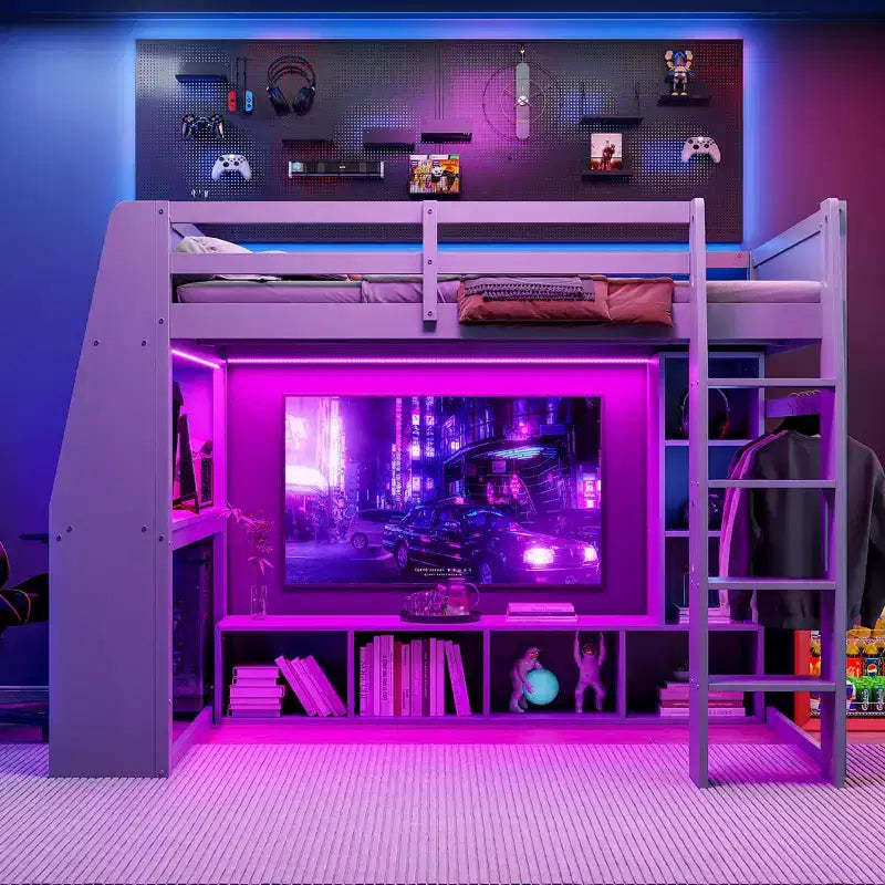 Whisen Wood Twin Size Gaming Loft Bed with Desk, Multi-storage Shelves, LED and a Hanging Clothes Rack