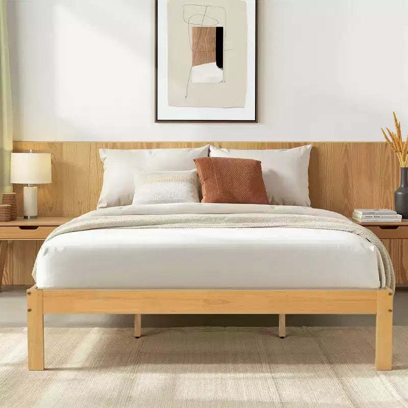Solid Wood Platform Bed Frame with Wooden Slat Support, Wood color