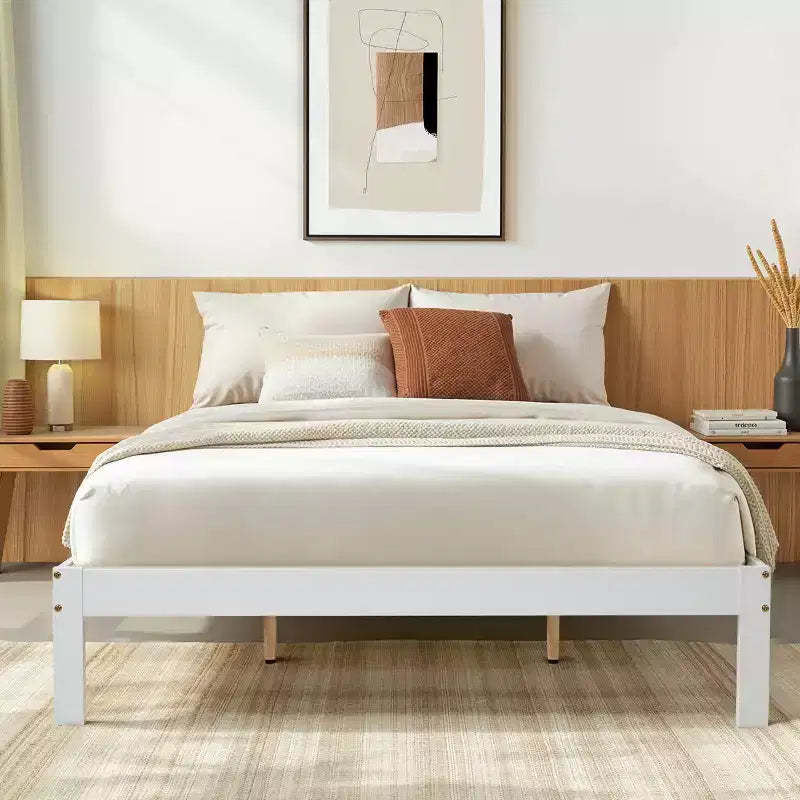 Solid Wood Platform Bed Frame with Wooden Slat Support, White