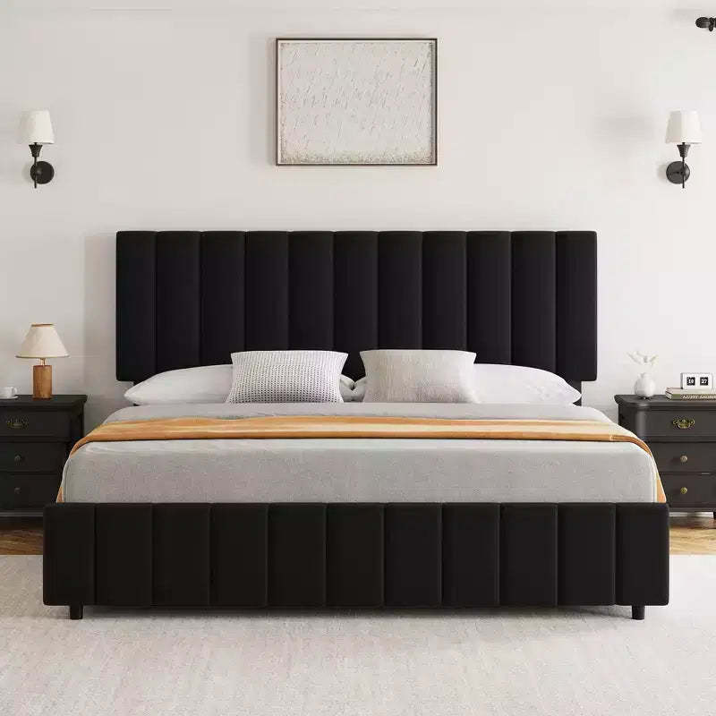 Garvee King/Queen/Full Upholstered Bed Frame with 4 Storage Drawers, Adjustable Headboard & Wood Slats, No Box Spring Needed, Black/Grey/White