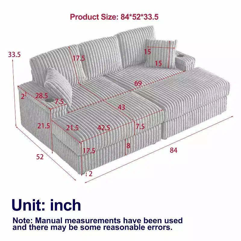 84-Inch Corduroy 3-Seater Sofa with 3 Back Pillows, 2 Toss Pillows, 2 Ottoman, 2 Storage Spaces and Cup-Holding Grooves