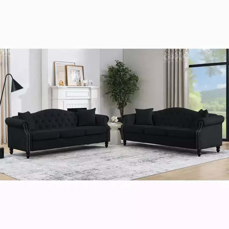 79 Black Velvet Chesterfield Sofa with Tufted Design - 3-Seater Couch featuring Rolled Arms and Nailhead Trim for Living Room (3S+3S)