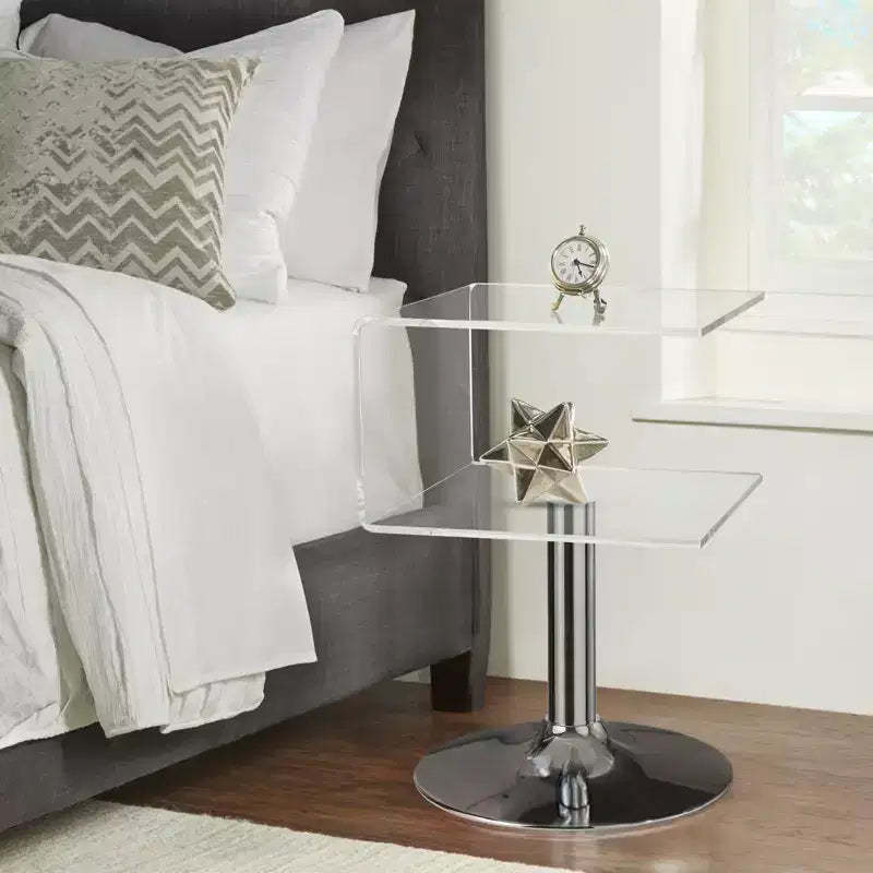Bekrvio 15.8'' Clear Acrylic C Shaped Side Table with Stainless Steel Base,Double-Layer Modern Small End Table for Couch, Nightstand in Living Room
