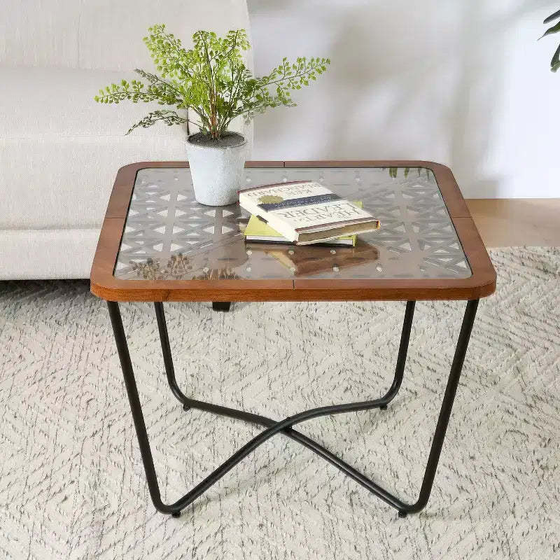 Christopher Knight Home Tierney Industrial Tempered Glass and Metal Square Coffee Table with Geometric Pattern