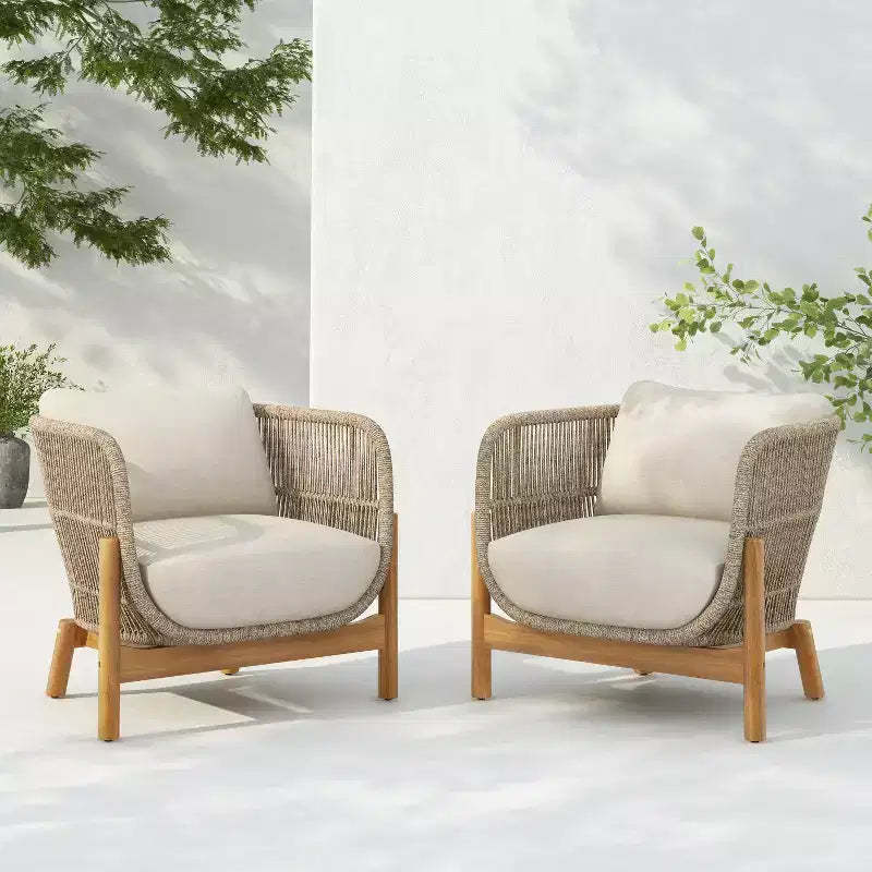 Christopher Knight Home Timothy Patio Aluminum, Acacia and Rope Club Chairs with 6 Cushions (Set of 2)