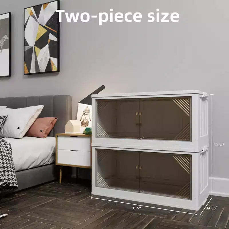 2-Pack 31.5 Wide Transparent Plastic Storage Cabinets: Stackable, Folding, Open Front - Ideal for Closet Organization