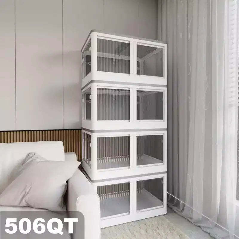 4-Pack Transparent Stackable Storage Bins with 5 Doors to Open with Wheels, Folding Plastic Craft Containers Large Closet Organizers Box for Bedrooms