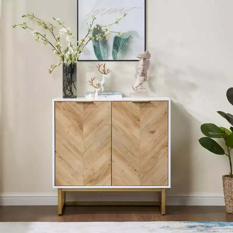 White and Gold Storage Cabinet with 2 Doors - Modern Buffet Sideboard, Elegant Accent Cabinet for Living Room