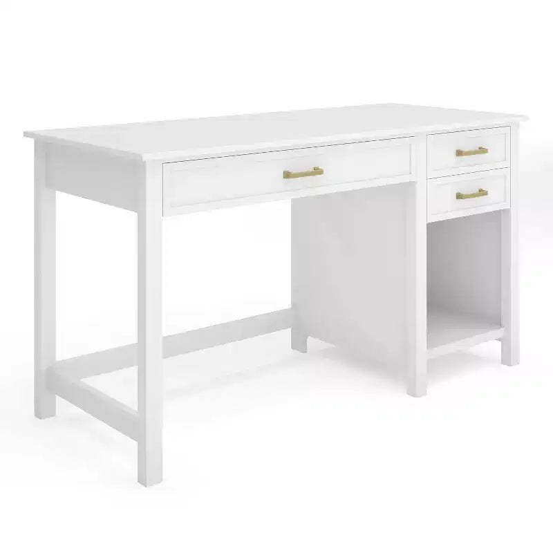 Martha Stewart Hutton Shaker Style Home Office Desk with 2 Side Drawers in White with Polished Brass Hardware