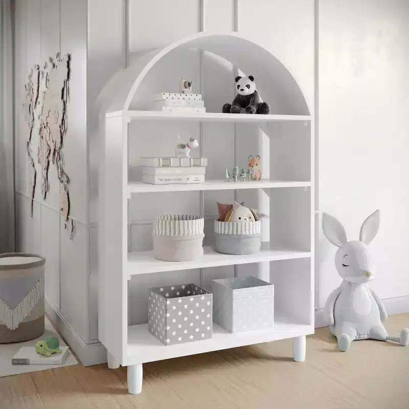 Buzz & Bloom Wood Open Bookshelf with Covered Rounded Top, 4 Shelves, and Cylindrical Legs