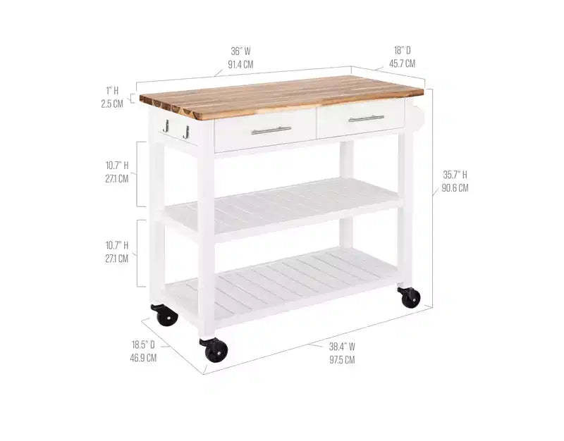 Acacia Wood Top Rolling Kitchen Cart Island Table with Drawers, 38.4 W x 18.5 D, White