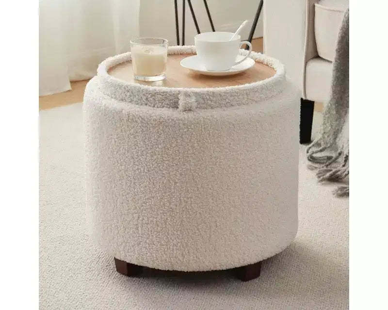 Ornavo Home Lawrence Round Boucle White Storage Ottoman with Table Top Lid
