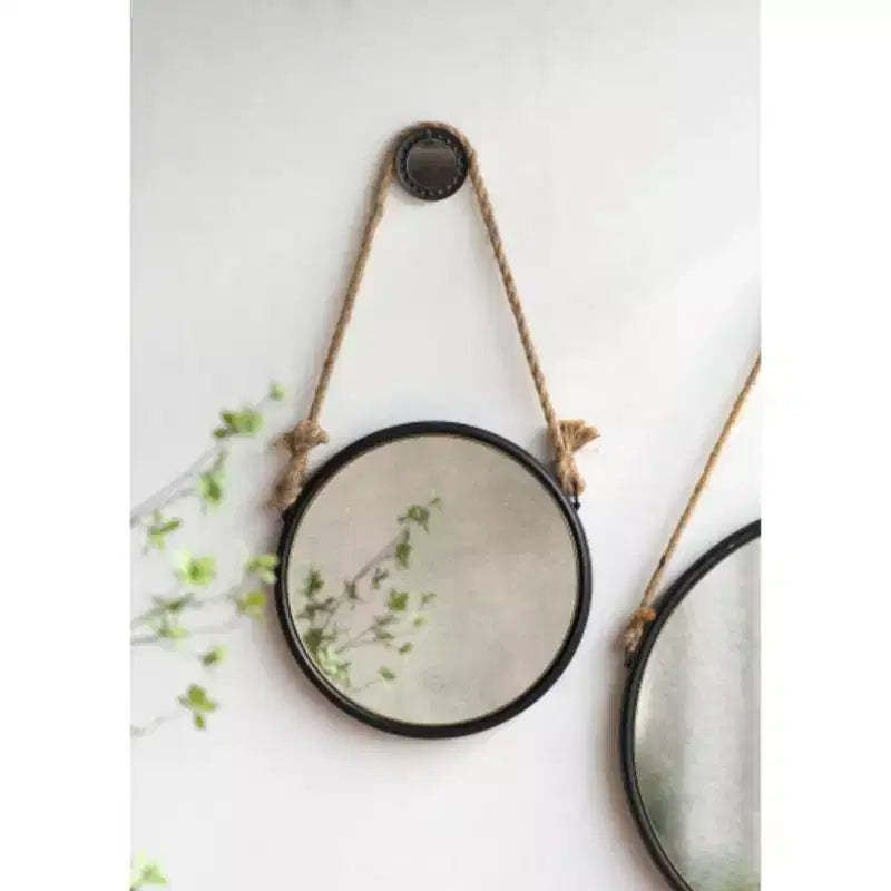 19.5 in Handsome Cleveland Mirror with Rope Strap Contemporary Design Circle Mirror with Grey Round Metal Frame for Wall Decor Bathroom, Entryway