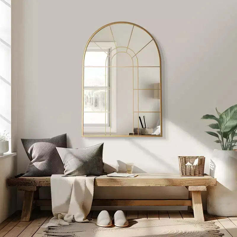 Iron Art Right Angle Double Arch Golden Grid Wall Mirror 105*70*2cm
