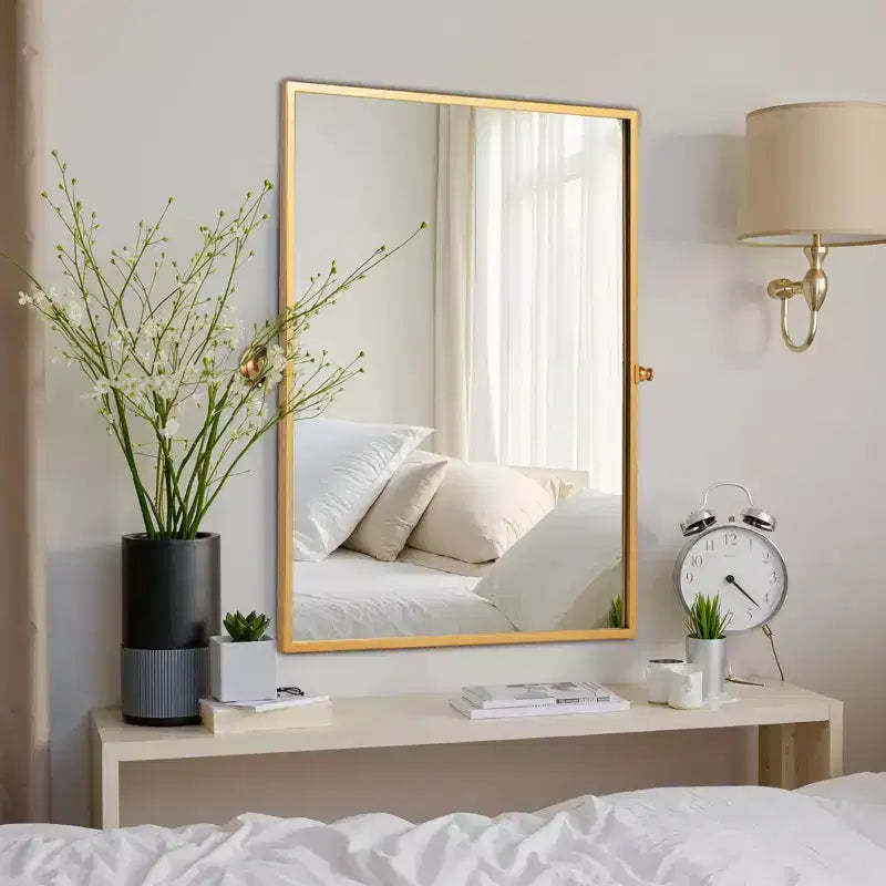 Iron Right Angled Rectangular Rotating Hardware Hanging Mirror in Gold 96x66x2.5cm