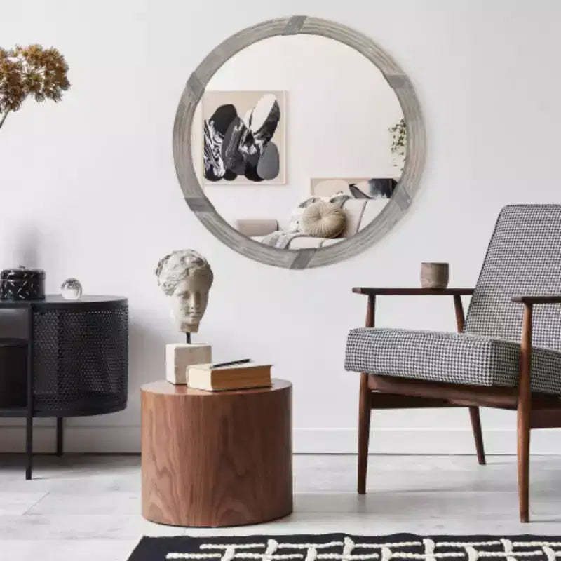 30.75 Wood Wall Mirror, Farmhouse Decorative e Round Mirror for Wall Decor in Living Room